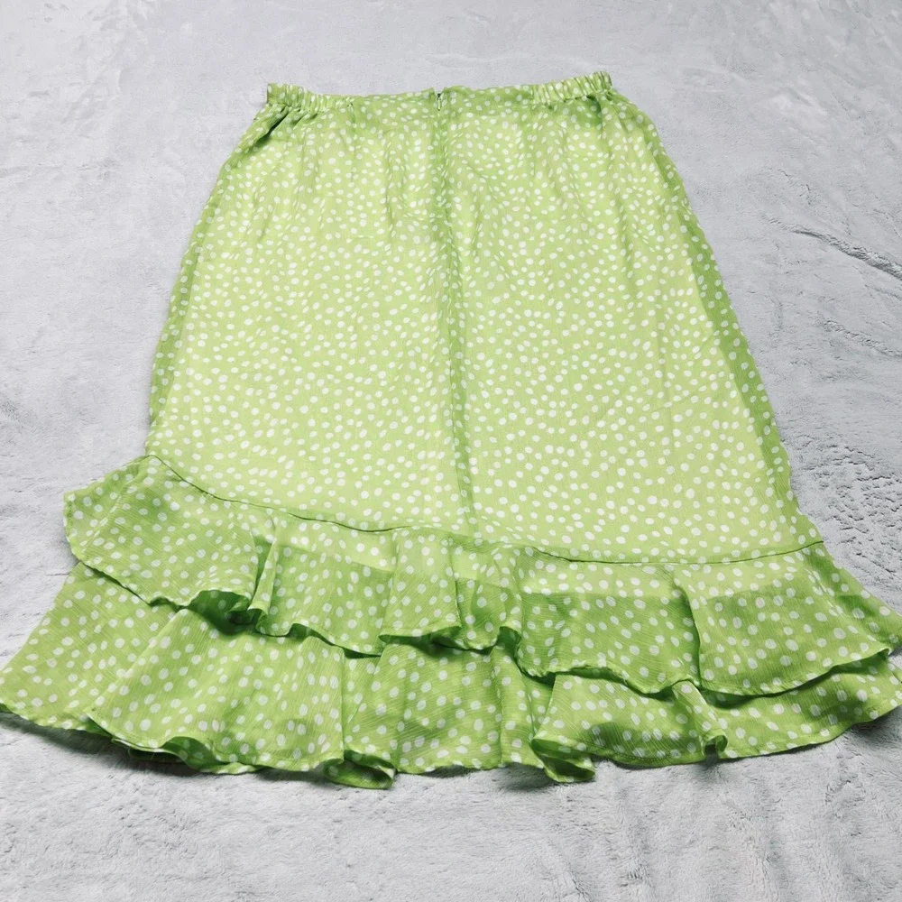 Cato Woman Polka Dot Plus Size Midi Skirt 14/16W Green Polyester Ruffle‎ Hem